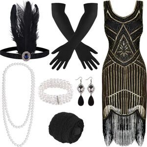 1920s V-Neck Sequin Beaded Fringed Dress Black Golden XL with 20s Accessorie Set